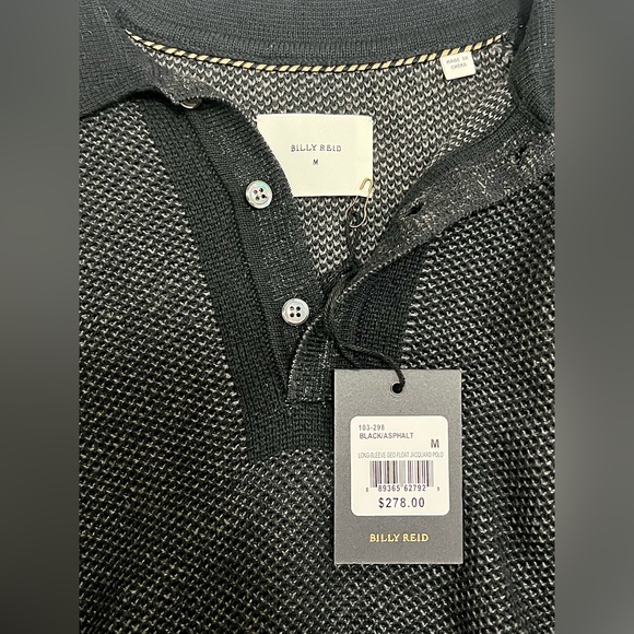 NWT BILLY REID LONG SLEEVE GEO FLOAT JACQUARD POLO BLACK/ASPHALT MEDIUM - Picture 5 of 7